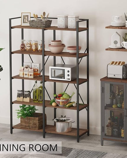 BON AUGURE Industrial Bookshelves and Bookcases, Farmhouse Large Book Shelves, 5 Tier Heavy Duty Open Bookcase, Tall Wood Metal Shelving Unit for Living Room, Bedroom, Office (Rustic Oak) - LeafyLoom