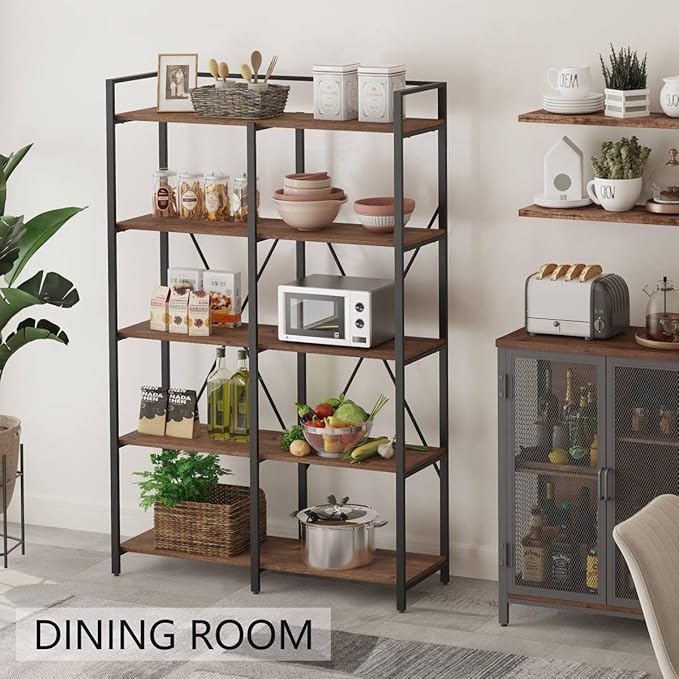 BON AUGURE Industrial Bookshelves and Bookcases, Farmhouse Large Book Shelves, 5 Tier Heavy Duty Open Bookcase, Tall Wood Metal Shelving Unit for Living Room, Bedroom, Office (Rustic Oak) - LeafyLoom