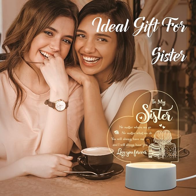 Sister Mothers Day Gift ideas, Sisters Gifts from Sister, to My Sister Birthday Gifts from Sister, Graduation Wedding Birthday Gifts for Sisters from Sister, Engraved Night Light Gifts for Sister - LeafyLoom