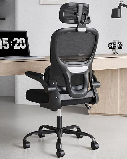 Soohow Ergonomic Home Office Chair, Mesh Desk Chair with Lumbar Support, Comfy Computer Desk Chair with Flip Armrest Rolling Wheels, Adjustable Headrest, Black. - LeafyLoom