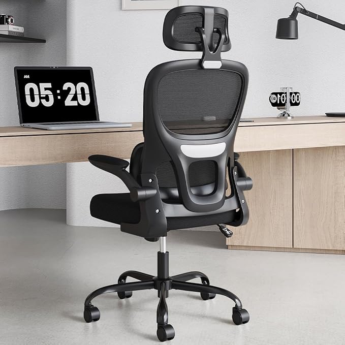 Soohow Ergonomic Home Office Chair, Mesh Desk Chair with Lumbar Support, Comfy Computer Desk Chair with Flip Armrest Rolling Wheels, Adjustable Headrest, Black. - LeafyLoom