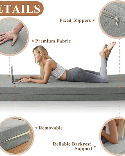 Convertible Folding Sofa - Modern Linen Fabric Coffee Table, Foldable Floor&Futon Couch, Space-Saving Chair with Pillow for Living Room/Dorm/Guest Room/Home Office/Apartment,Twin XL,Light Gray - LeafyLoom