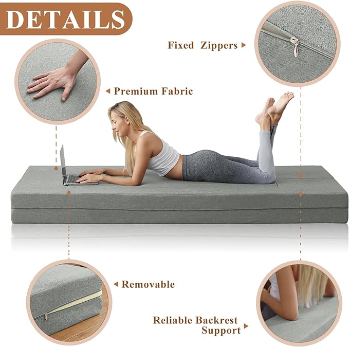 Convertible Folding Sofa - Modern Linen Fabric Coffee Table, Foldable Floor&Futon Couch, Space-Saving Chair with Pillow for Living Room/Dorm/Guest Room/Home Office/Apartment,Twin XL,Light Gray - LeafyLoom