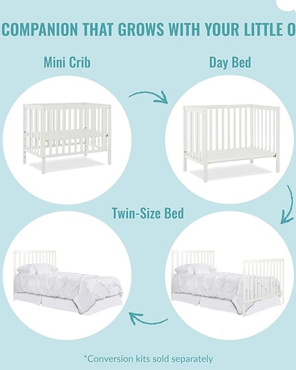 Edgewood 4-In-1 Convertible Mini Crib In White, JPMA Certified, Non-Toxic Finish, New Zealand Pinewood, With 3 Mattress Height Settings, Included 1" Mattress Pad - LeafyLoom