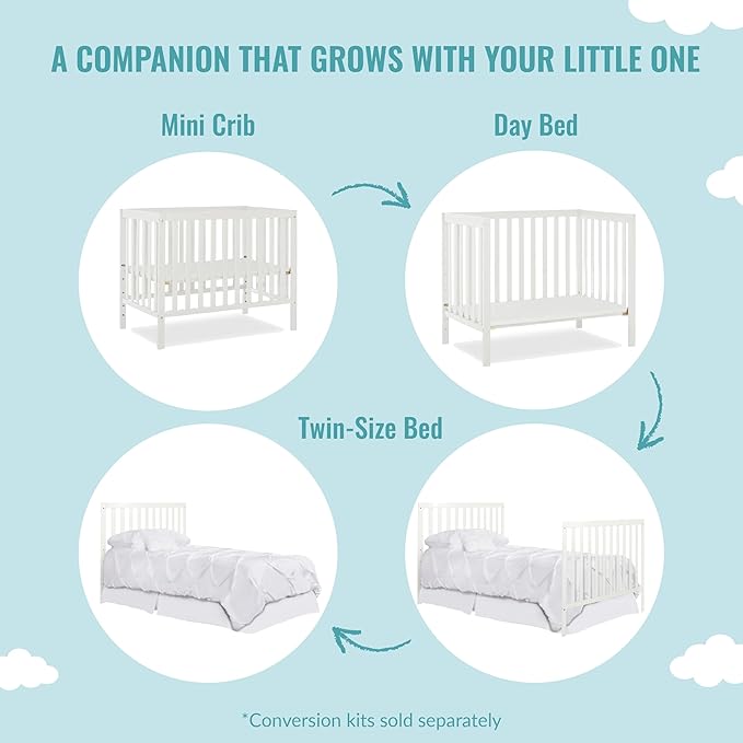 Edgewood 4-In-1 Convertible Mini Crib In White, JPMA Certified, Non-Toxic Finish, New Zealand Pinewood, With 3 Mattress Height Settings, Included 1" Mattress Pad - LeafyLoom