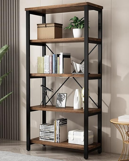 5 Tier Industrial Solid Wood Bookshelf, Open Etagere Bookcase with Metal Frame, Vintage Industrial Style Bookcase/Metal and Wood Bookshelf Furniture (AY01-5tier) - LeafyLoom