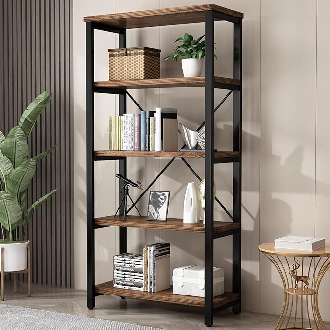 5 Tier Industrial Solid Wood Bookshelf, Open Etagere Bookcase with Metal Frame, Vintage Industrial Style Bookcase/Metal and Wood Bookshelf Furniture (AY01-5tier) - LeafyLoom