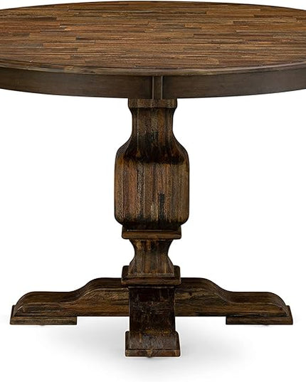 East West Furniture F3AB5-747 Ferris 5 Piece Modern Dining Set Includes a Round Wooden Table with Pedestal and 4 Light Sable Linen Fabric Upholstered Chairs, 48x48 Inch - LeafyLoom