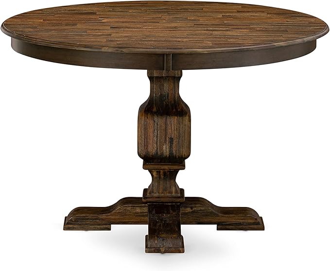 East West Furniture F3AB5-747 Ferris 5 Piece Modern Dining Set Includes a Round Wooden Table with Pedestal and 4 Light Sable Linen Fabric Upholstered Chairs, 48x48 Inch - LeafyLoom