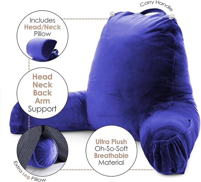 Clara Clark Reading Pillow, Large Back Pillow for Sitting Up in Bed, Memory Foam Back Support Pillow, Reading Pillows for Sitting in Bed Adult, Royal Blue Sit Up Pillow for Bed with Arms and Pockets - LeafyLoom