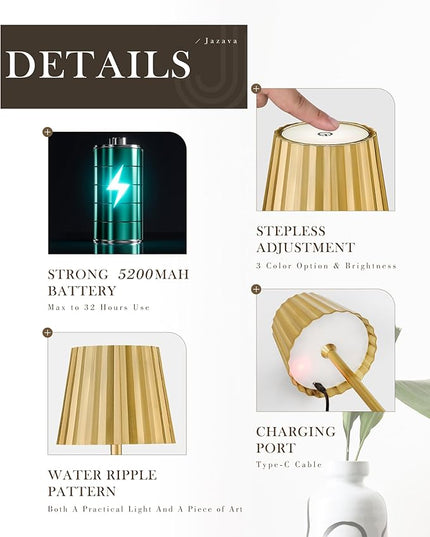Cordless LED Desk Lamps, Table Lamp with Polisehd Gold Finish, 3 Colors Stepless Dimming, Touch Control 5200mAh Battery Operated for Home Office Restaurant Bedroom Bars (2 Pack), TL02BG-2PK - LeafyLoom