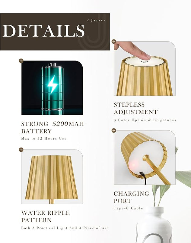 Cordless LED Desk Lamps, Table Lamp with Polisehd Gold Finish, 3 Colors Stepless Dimming, Touch Control 5200mAh Battery Operated for Home Office Restaurant Bedroom Bars (2 Pack), TL02BG-2PK - LeafyLoom
