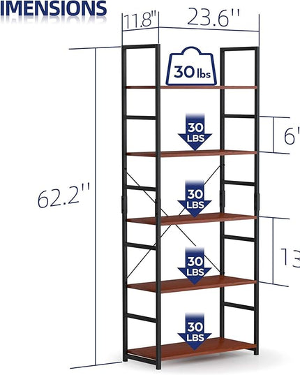 NUMENN 5 Tier Bookshelf, Tall Bookcase Shelf Storage Organizer, Modern Book Shelf for Bedroom, Living Room and Home Office, Teak - LeafyLoom
