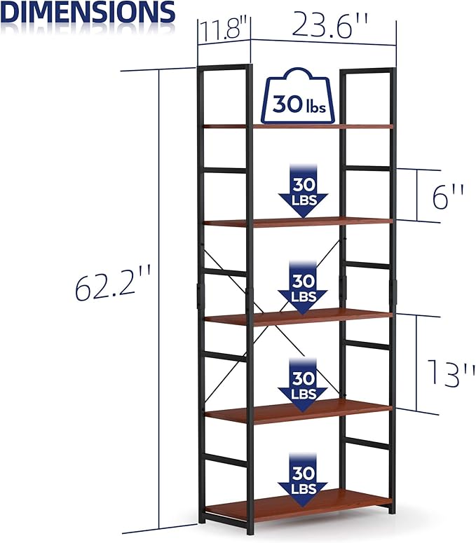 NUMENN 5 Tier Bookshelf, Tall Bookcase Shelf Storage Organizer, Modern Book Shelf for Bedroom, Living Room and Home Office, Teak - LeafyLoom