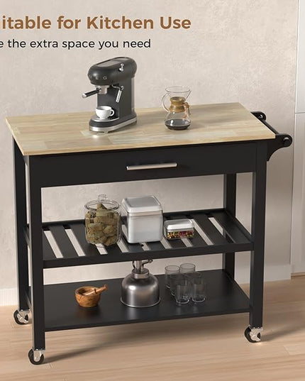 45" Kitchen Island Cart, 3 Tier Kitchen Island on Wheels with Storage Drawer, 2 Shelves & Towel Rack, Rolling Kitchen Island with Wood Top, Simple Design Island Table for Kitchen, Dark Black - LeafyLoom
