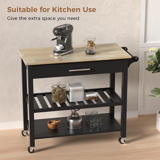 45" Kitchen Island Cart, 3 Tier Kitchen Island on Wheels with Storage Drawer, 2 Shelves & Towel Rack, Rolling Kitchen Island with Wood Top, Simple Design Island Table for Kitchen, Dark Black - LeafyLoom