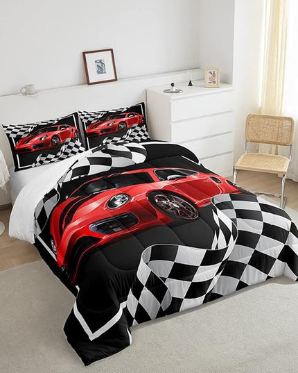 Boys Race Car Comforter Set Full Size,Black White Checkered Geometric Bedding Set 3pcs for Kids Teens Boys Men,Extreme Sport Games Race Flag Quilt Set,Cartoon Fashion Duvet Insert,2 Pillowcases - LeafyLoom