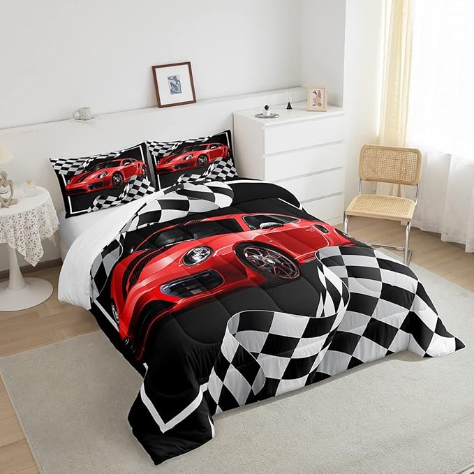 Boys Race Car Comforter Set Full Size,Black White Checkered Geometric Bedding Set 3pcs for Kids Teens Boys Men,Extreme Sport Games Race Flag Quilt Set,Cartoon Fashion Duvet Insert,2 Pillowcases - LeafyLoom