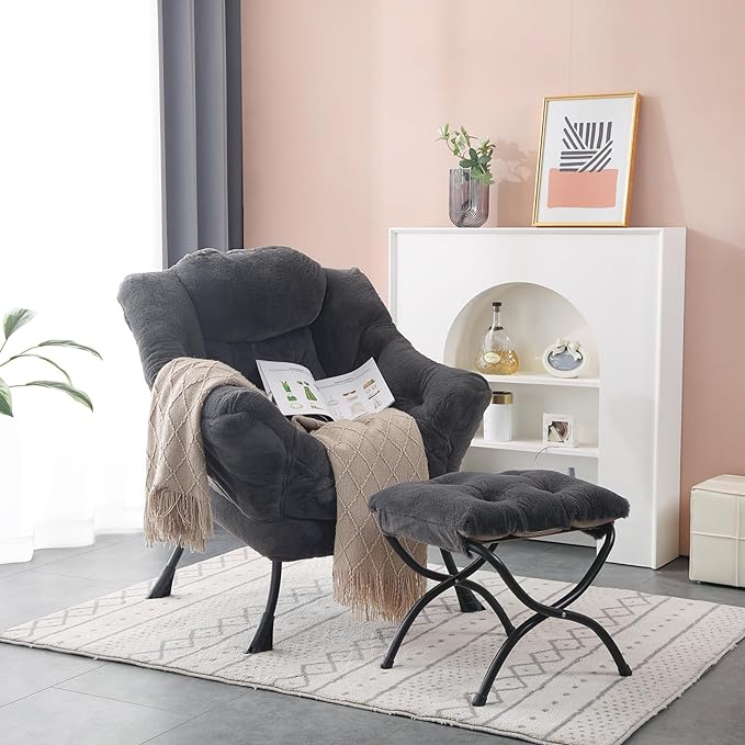 Lazy Chair with Ottoman, Modern Accent Chair Contemporary Lounge Leisure Upholstered Sofa Chair Set with Armrests, Reading Chair for Living Room, Bedroom, Office, Plush Navy - LeafyLoom