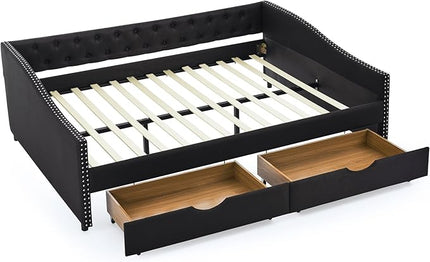 Queen Size Mid-Century Daybed, 2 Storage Drawers,Linen Button Upholstered Tufted Bed, Copper Nail on Waved Shape Arms, No Box Spring Needed,for Bedroom, Livingroom, Black - LeafyLoom