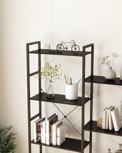 Panana Triple 4 tier bookshelf, Industrial Bookcase with 11 Open Display Shelves Wide Book Shelf Book Case with Metal Frame for Living Room Home Office (Black) - LeafyLoom