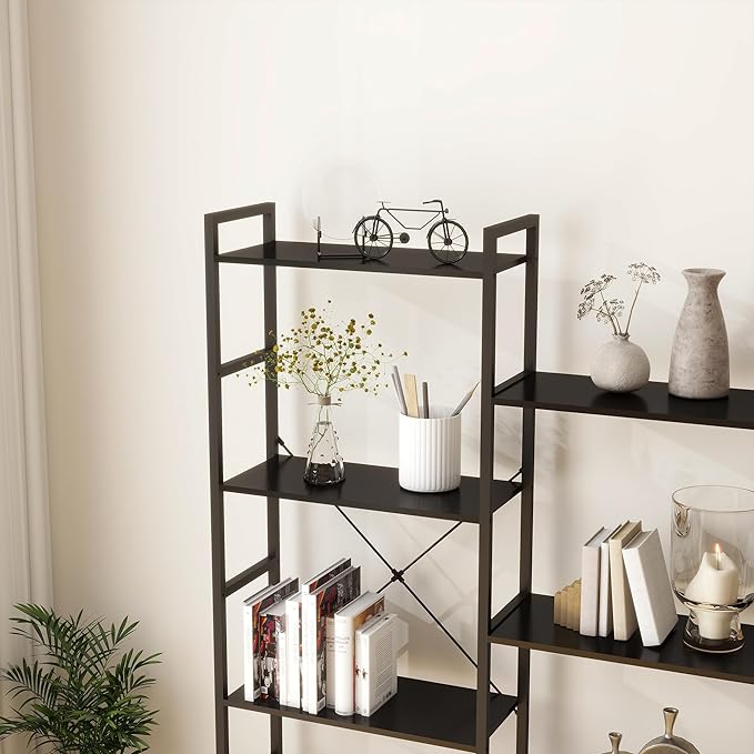 Panana Triple 4 tier bookshelf, Industrial Bookcase with 11 Open Display Shelves Wide Book Shelf Book Case with Metal Frame for Living Room Home Office (Black) - LeafyLoom