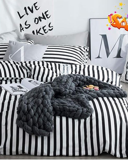 White and Black Stripes Comforter Set Cal King Women Bedding Set Soft Durable White Striated Bedding Set Black Stripes Cal King Quilts Hotel Quality Comforter Girls White Black Stripes Bed Set - LeafyLoom