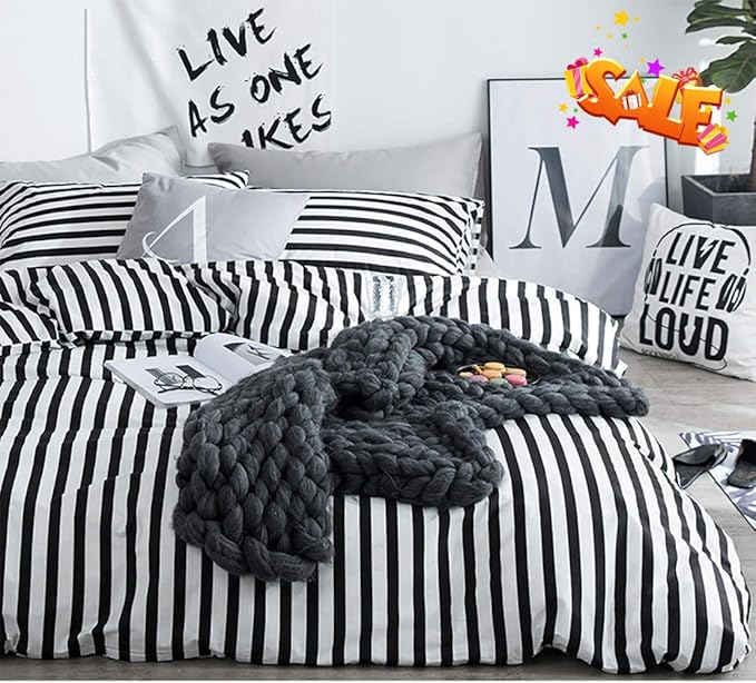 White and Black Stripes Comforter Set Cal King Women Bedding Set Soft Durable White Striated Bedding Set Black Stripes Cal King Quilts Hotel Quality Comforter Girls White Black Stripes Bed Set - LeafyLoom