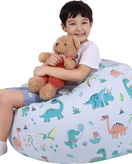 Lukeight Stuffed Animal Storage Bean Bag Chair Cover for Kids, Dinosaur Zipper Beanbag Chair Cover for Organizing Toddler & Kids' Rooms Plush Toys (Dinosaur Blue, X-Large) - LeafyLoom