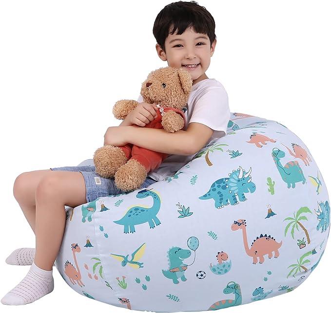 Lukeight Stuffed Animal Storage Bean Bag Chair Cover for Kids, Dinosaur Zipper Beanbag Chair Cover for Organizing Toddler & Kids' Rooms Plush Toys (Dinosaur Blue, X-Large) - LeafyLoom