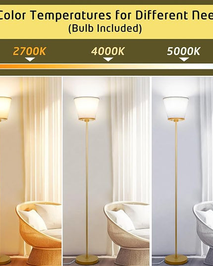 Gold Floor Lamp for Living Room, Standing Lamp for Bedroom Office, 3 Color Temperatures Tall Floor Lamp Reading Floor Lamp with White Fabric Shape. 15W Bulb Included. - LeafyLoom