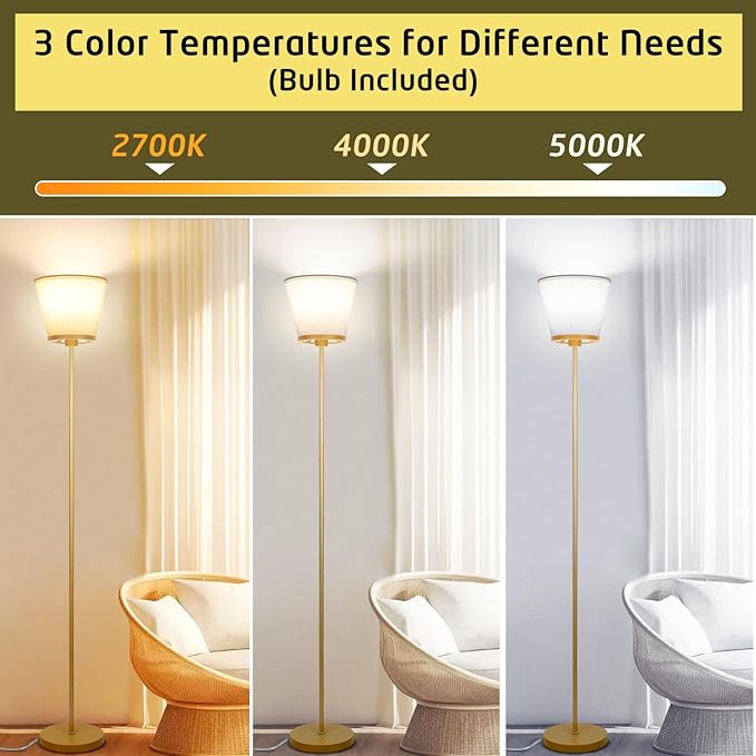 Gold Floor Lamp for Living Room, Standing Lamp for Bedroom Office, 3 Color Temperatures Tall Floor Lamp Reading Floor Lamp with White Fabric Shape. 15W Bulb Included. - LeafyLoom