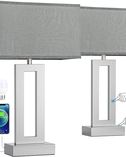 Nightstand Table Lamps for Bedrooms Set of 2 - Touch Bedside Lamp with USB C+A, 3 Way Dimmable Living Room Lamps for End Tables Set of 2, Modern Night Stand Lamps for Bed Side(Grey&Silver) - LeafyLoom