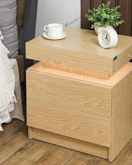HOMMPA LED Nightstand Wood Bedside Table with Led Lights Modern LED Night Stand with 2 Drawers Smart Nightstand Matte Night Table for Bedroom 20.5" Tall - LeafyLoom