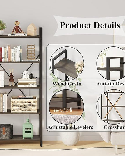 FATORRI 5 Tier Industrial Bookshelf, Rustic Etagere Bookcase for Display, Vintage Shelving Unit Wood and Metal Tall Book Shelves for Home Office (Walnut Brown) - LeafyLoom