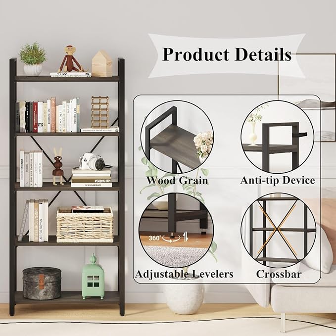 FATORRI 5 Tier Industrial Bookshelf, Rustic Etagere Bookcase for Display, Vintage Shelving Unit Wood and Metal Tall Book Shelves for Home Office (Walnut Brown) - LeafyLoom
