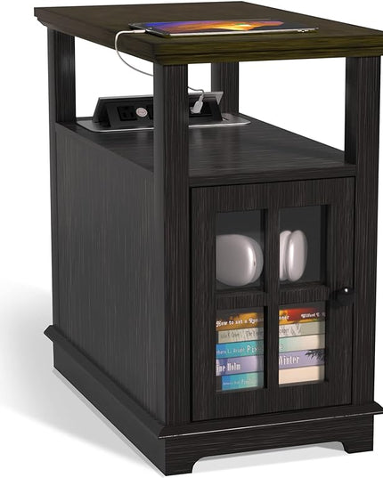 HIFYOBRO End Table with Hidden Charging Station, Narrow Side Table with Storage, Nightstand for Small Spaces with USB Ports & Power Outlets - LeafyLoom