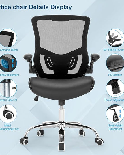 Office Chair Ergonomic Desk Chair with PU Leather Cushion Home Office Desk Chair, Computer Task Chair with Adjustable Lumbar Support & Flip-up Arms Swivel Mesh Back Executive Chair - LeafyLoom