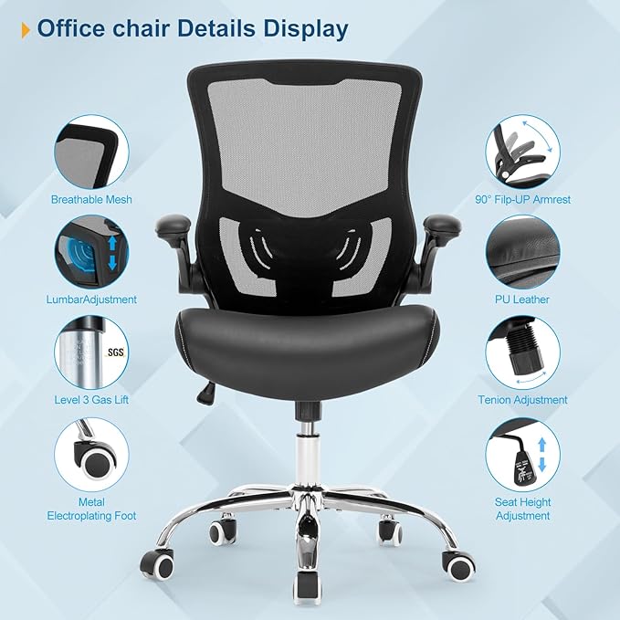 Office Chair Ergonomic Desk Chair with PU Leather Cushion Home Office Desk Chair, Computer Task Chair with Adjustable Lumbar Support & Flip-up Arms Swivel Mesh Back Executive Chair - LeafyLoom