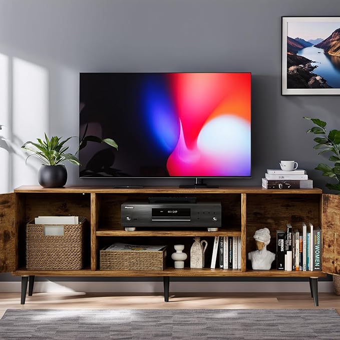 YESHOMY Modern Retro TV Stand for Television up to 65", Entertainment Center with Two Storage Cabinet and Shelf, Media Console for Living Room, Bedroom, Enterway, Office, 58 Inch, Retro Brown - LeafyLoom