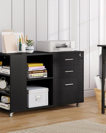 YITAHOME Mobile Wood File Cabinet, 3 Drawer Lateral Filing Cabinet, Black - LeafyLoom
