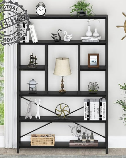 LVB 6 Tier Tall Black Bookshelf, Modern Large Wide Book Rack Storage, Industrial Wood Metal Etagere 6 Shelf Bookcase, Farmhouse Open Display Book Shelf Organizer for Bedroom Living Room Office, Black - LeafyLoom