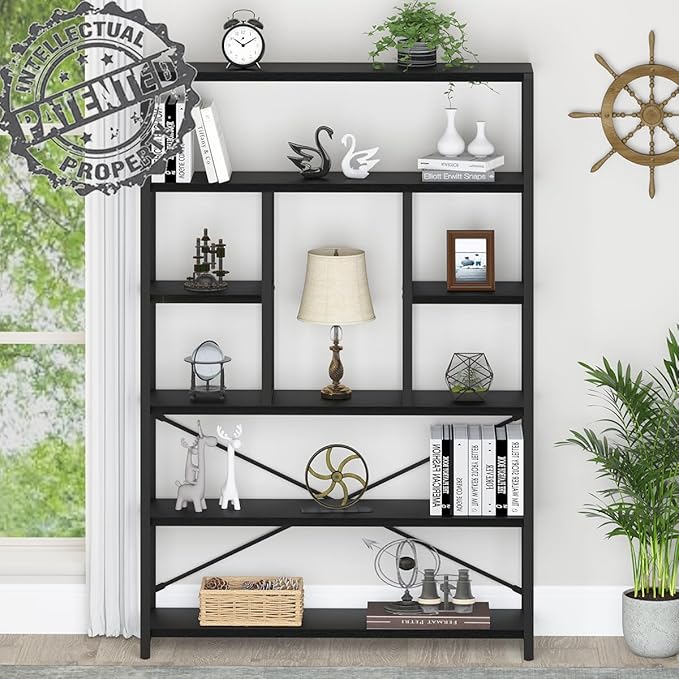 LVB 6 Tier Tall Black Bookshelf, Modern Large Wide Book Rack Storage, Industrial Wood Metal Etagere 6 Shelf Bookcase, Farmhouse Open Display Book Shelf Organizer for Bedroom Living Room Office, Black - LeafyLoom
