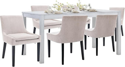 COLAMY 7-Piece Dining Table Set for 6, 60" Kitchen Wood Table with 6 Corduroy Dining Room Chairs, White/Beige - LeafyLoom