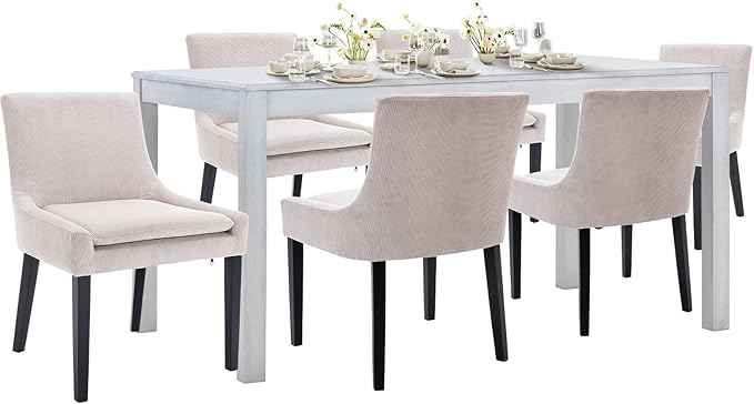 COLAMY 7-Piece Dining Table Set for 6, 60" Kitchen Wood Table with 6 Corduroy Dining Room Chairs, White/Beige - LeafyLoom