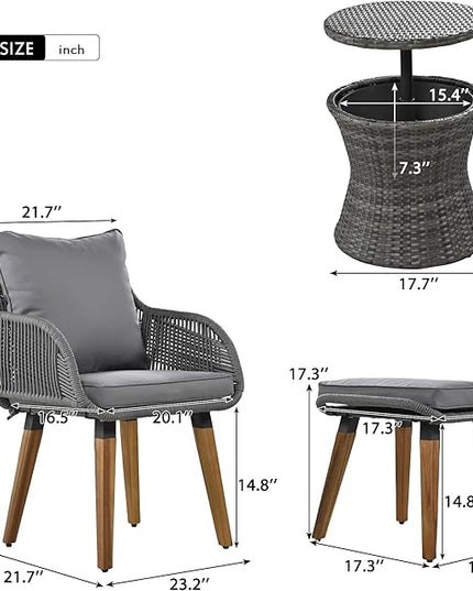 5-Pieces Outdoor Furniture Bistro Set with Wicker Cool Bar Table, Rope Weaving Patio Chairs and Ottomans for Porch Backyard Balcony Poolside, Onesize, Grey - LeafyLoom