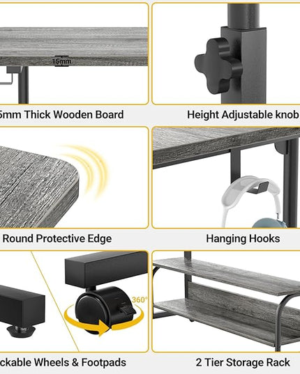 39" Height Adjustable Standing Desk with Power Outlets - Manual Rolling Stand Up Desk with Wheels Small Portable Computer Desk Mobile Laptop Table with Storage Shelves for Home Office, Grey Oak - LeafyLoom