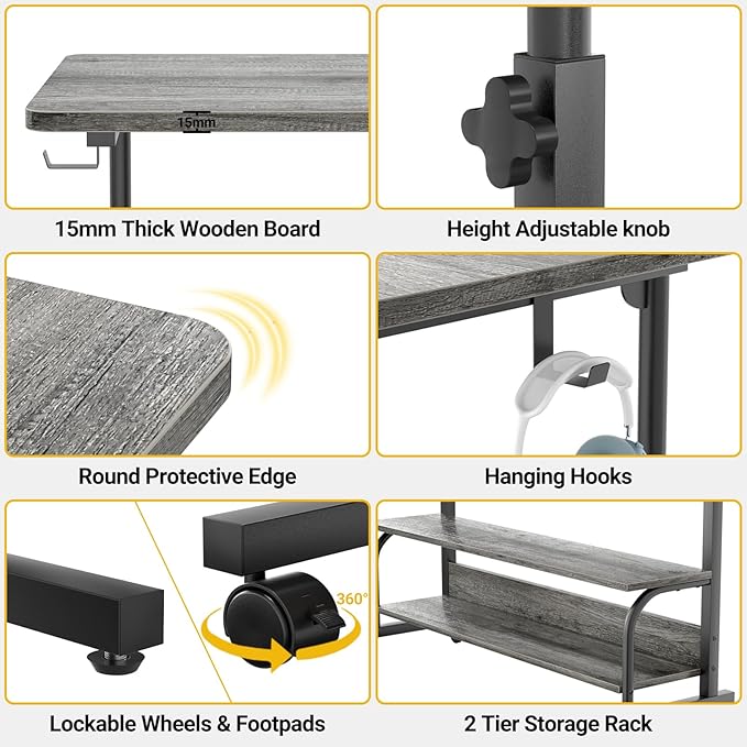 39" Height Adjustable Standing Desk with Power Outlets - Manual Rolling Stand Up Desk with Wheels Small Portable Computer Desk Mobile Laptop Table with Storage Shelves for Home Office, Grey Oak - LeafyLoom