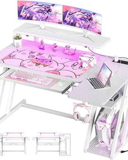 armocity L Shaped Gaming Desk with LED Lights and Outlets, White PC Gaming Desk with Monitor Stand and Shelves, Reversible Gaming Computer Desk with Keyboard Tray & Z-Shape Legs, 47" - LeafyLoom