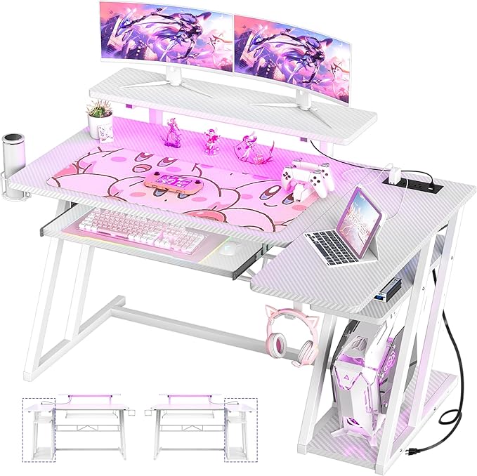 armocity L Shaped Gaming Desk with LED Lights and Outlets, White PC Gaming Desk with Monitor Stand and Shelves, Reversible Gaming Computer Desk with Keyboard Tray & Z-Shape Legs, 47" - LeafyLoom